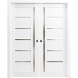 Sliding French Double Pocket Doors Frosted Glass | Quadro 4088 | Kit Trims Rail Hardware | Solid Wood Interior Bedroom Sturdy Doors