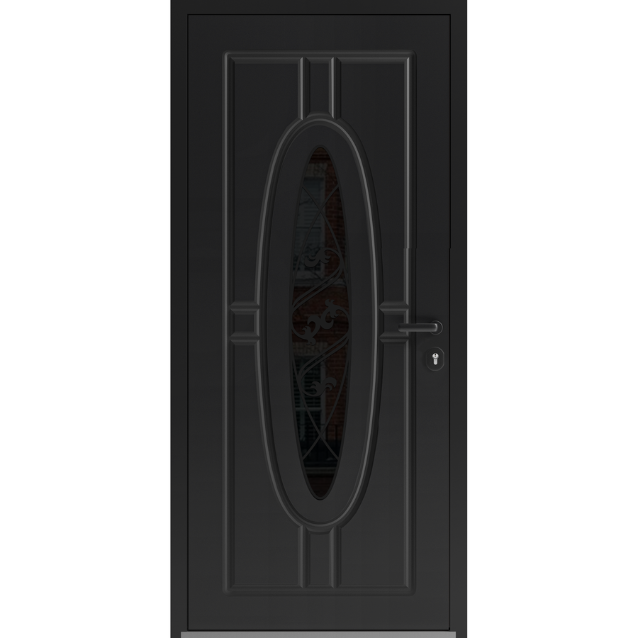 Front Exterior Prehung Steel Door / Ronex 1277 Black Enamel / Stainless Inserts Entry Metal Modern Painted W36" x H80" Left hand Inswing