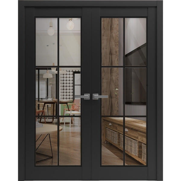 French solid wood interior swing double door with clear glass | Lucia 2366